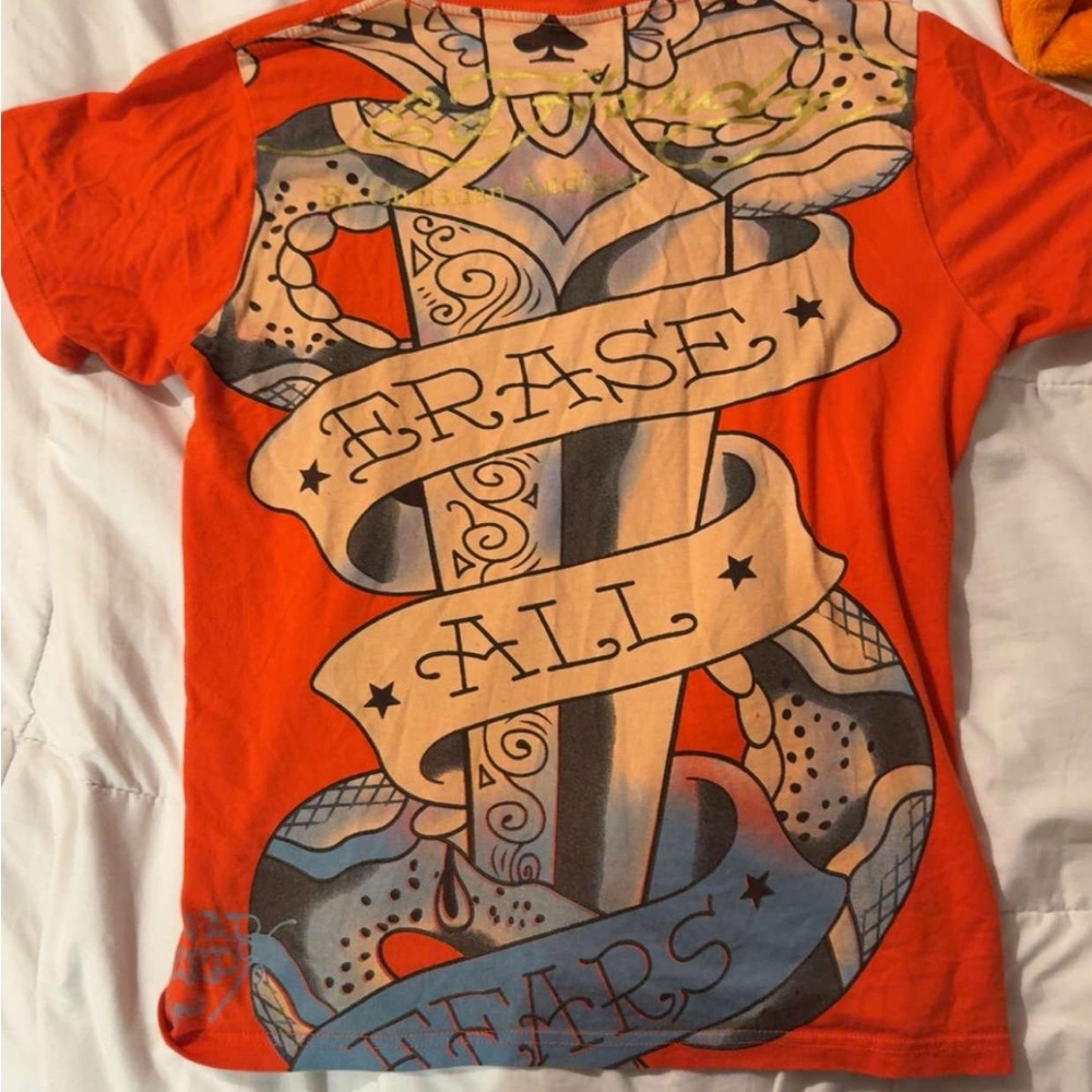Ed Hardy Orange-red Short Sleeve Tattoo Tee